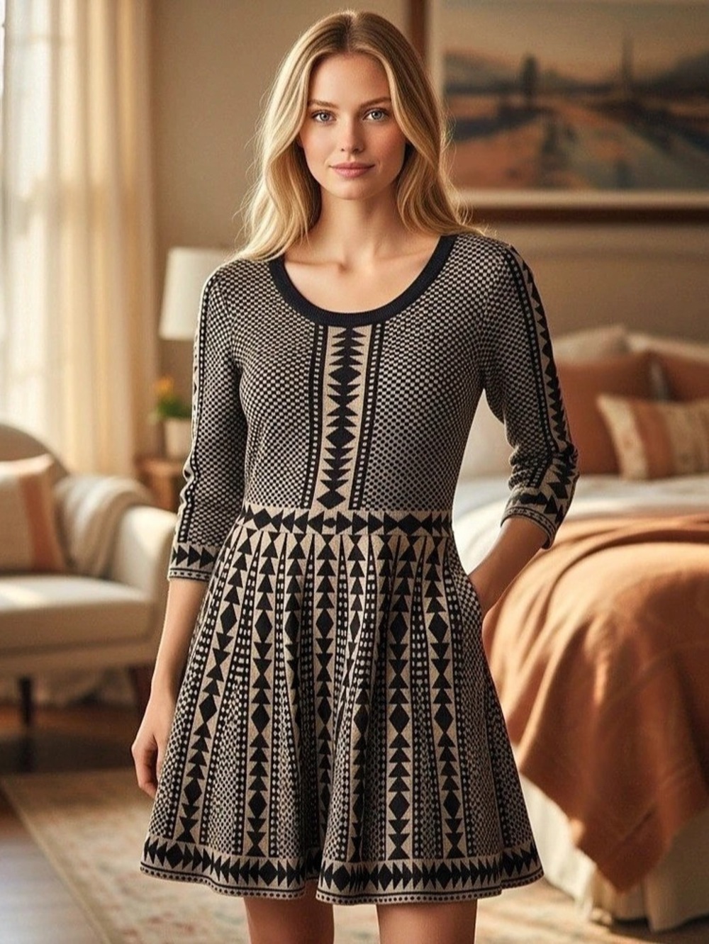 Ninalonard Geometric Mini Dress in Black & Cream Size Medium Like New